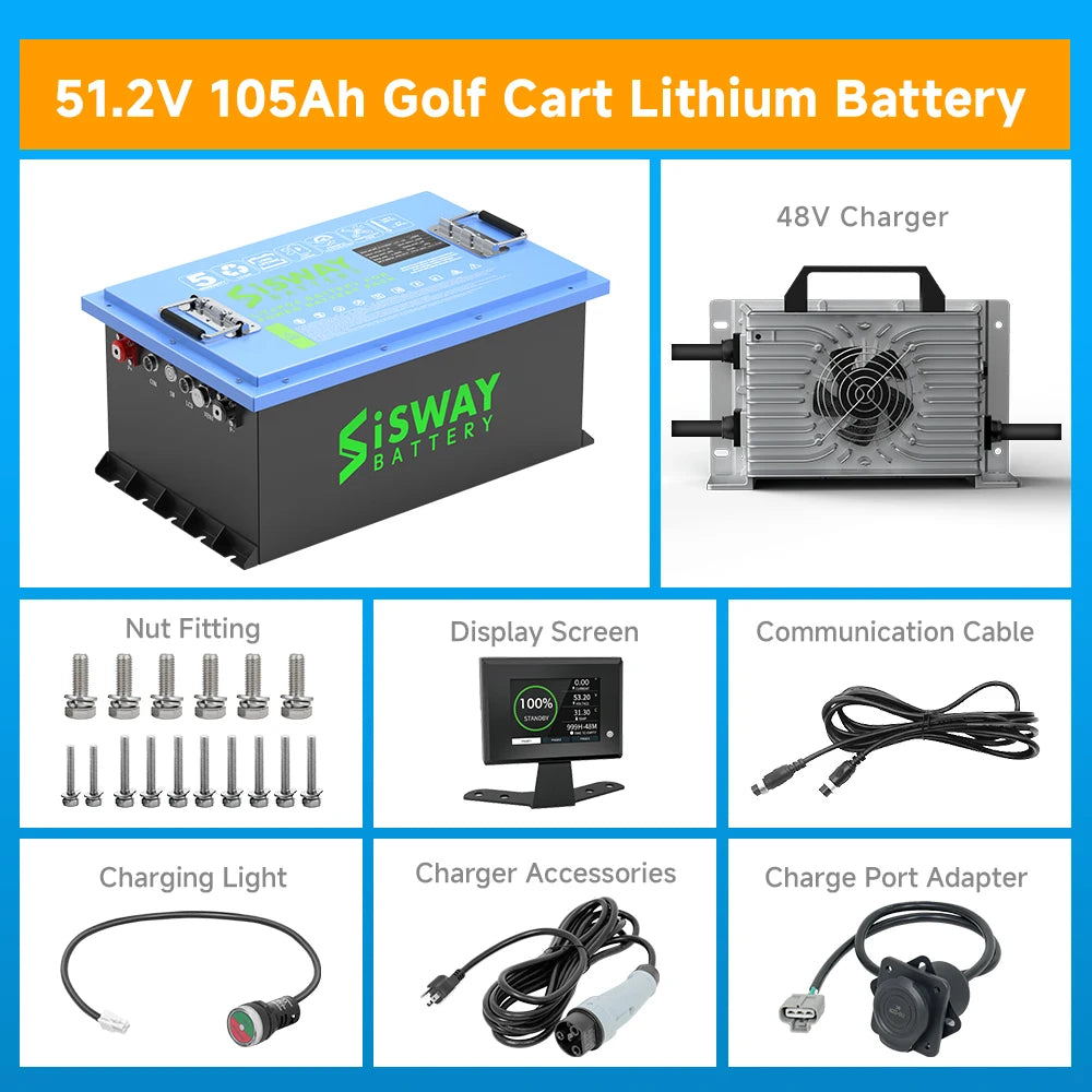 48V(51.2V) LiFePO4 Lithium Golf Cart Battery with 48V 20A Lithium Battery Charger Mobile APP Touch Monitor Perfect for Golf Cart