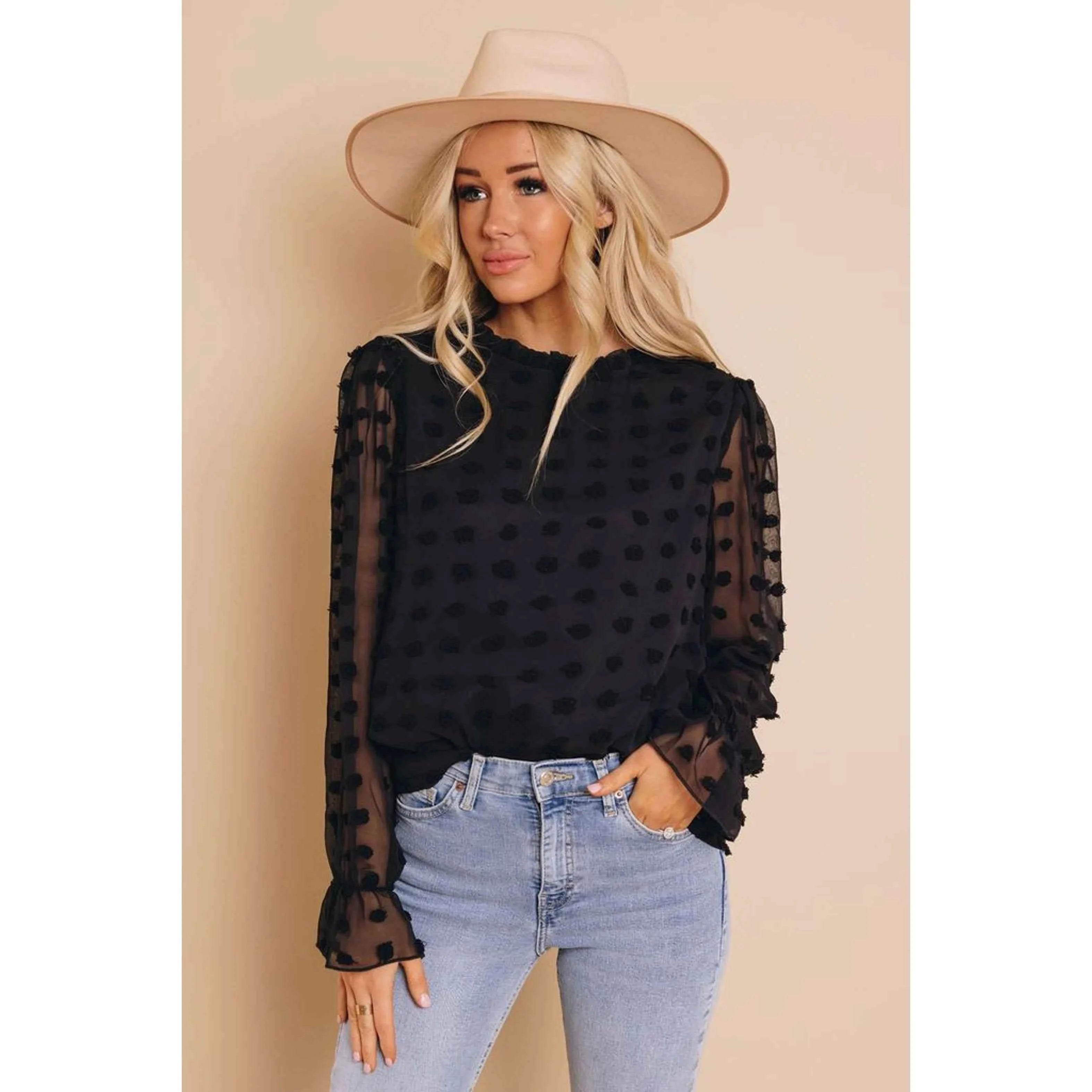 TD Women's Catwalk Polka Dot Embroidered Blouse Chiffon Knitted Casual Daily Top in XL Long Short Season Styles Lace Decoration