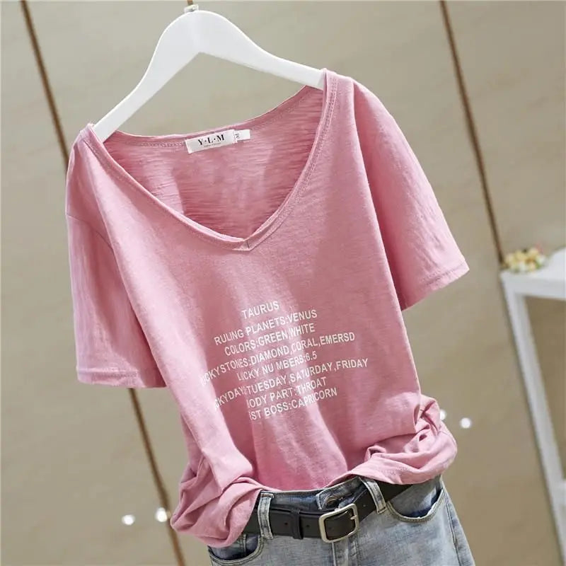 T Shirt Women 2026 New V-neck Loose Top Slub Cotton Letters Wild Short-sleeved Bottoming Shirts Female T Shirt Ins Tide Sexy Top