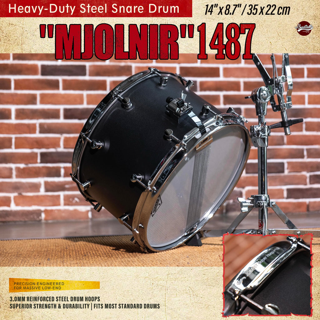 Beatello | Factory Direct | 14"x8.7" Heavy Steel Snare 3.0mm Reinforced Hoops | Rock/Metal Drum Kits | Pro Upgrade | Black