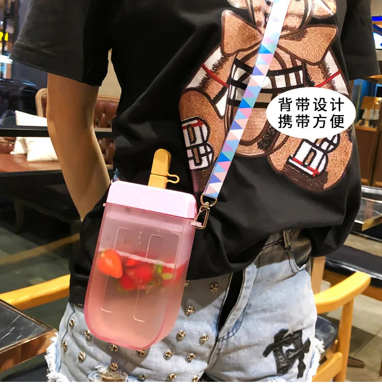 Summer Outdoor Water Bottle with Straw Portable Rope Travel Water Bottles Student Girls Water Cup Juice Drinking Bottle BPA Free