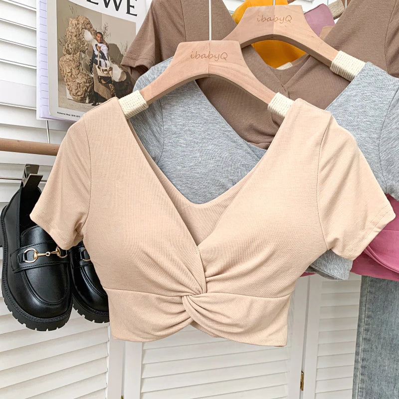 T Shirt  Woman Crop Tops Basic Short Sleeve Kawaii T Shirt Built In Bra Women Sexy Top Harajuku Korean Fashion