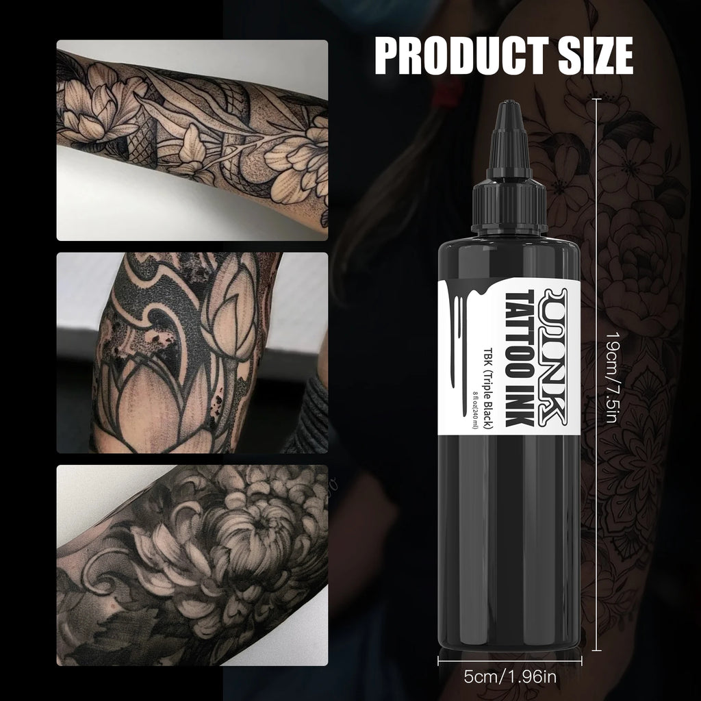 UINK 240ml Triple Black Tattoo Ink: High-quality Tattoo Pigment, UV Sterilized, Customizable Logo, OEM Supported.