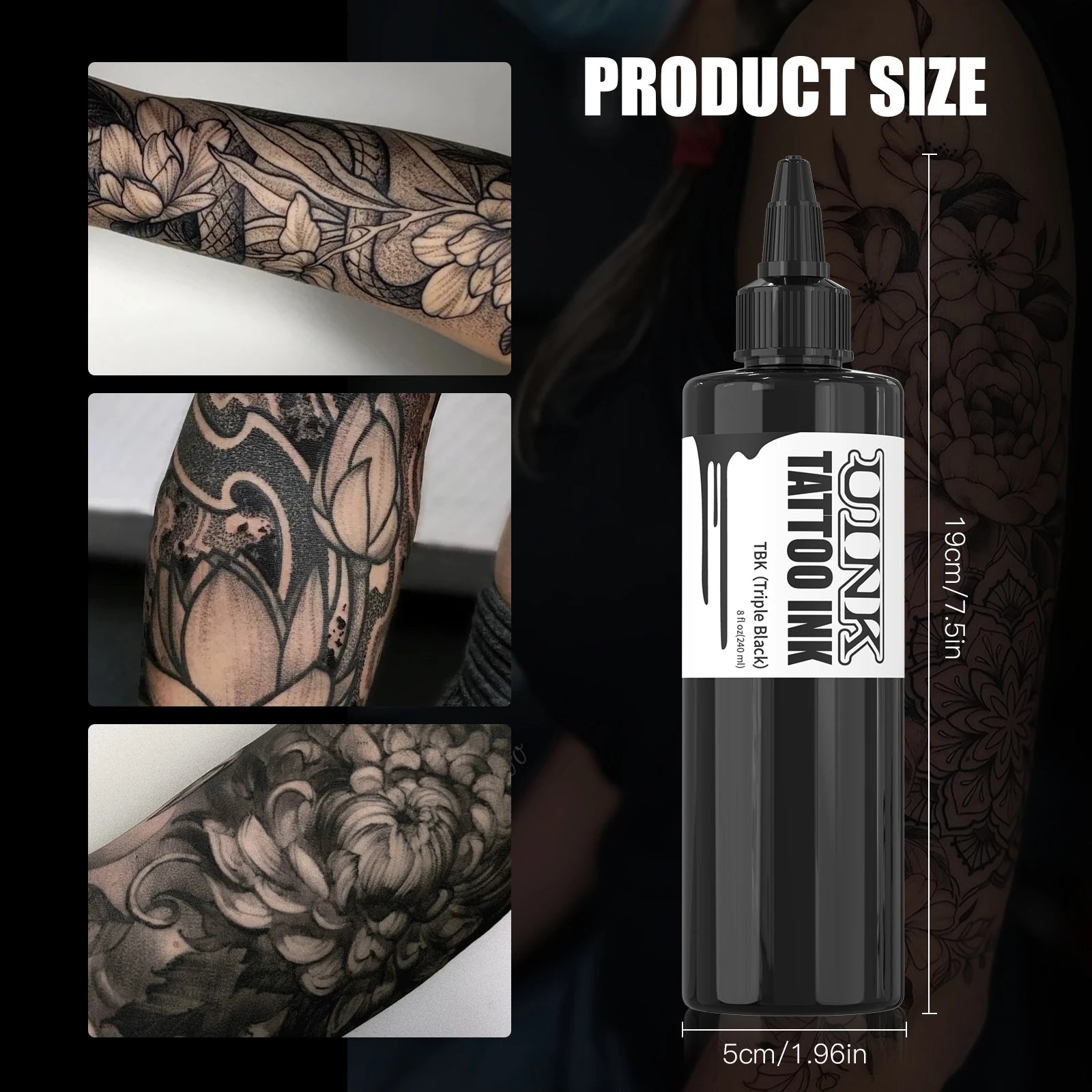 UINK 240ml Triple Black Tattoo Ink: High-quality Tattoo Pigment, UV Sterilized, Customizable Logo, OEM Supported.