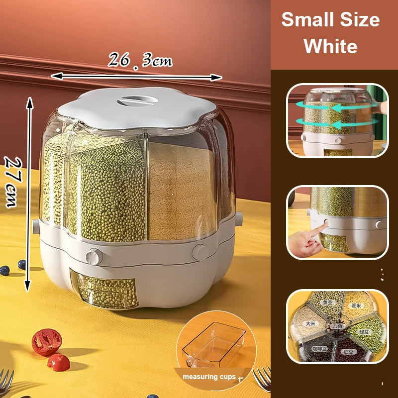 Best Seller Rice Container Kitchen Moisture-Proof 6-Grid Rotating Food Grain Dispenser Cereal Glossy Storage Box