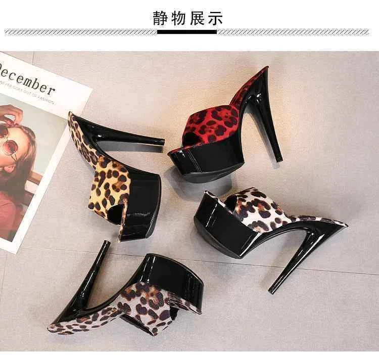 Voesnees Summer Slippers Women 2021 High Heels 15cm 17 CM Leopard Print Slip-On Platform Slides Sexy Catwalk Shoes Club Sandals