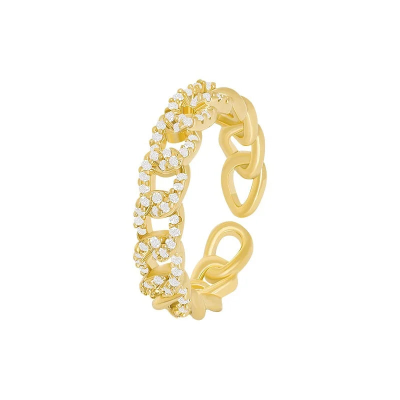 Simple Real 18K Gold Plated CZ Curb Chain Open Ring Adjustable Micro Cubic Zirconia Chain Link Ring