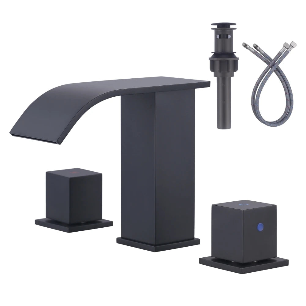 Waterfall Bathroom Faucet 3 Hole, 8" Widespread Wash Basin Tap 2 Handles Bathroom Sink Faucet with Pop up Drain and Supply Lines