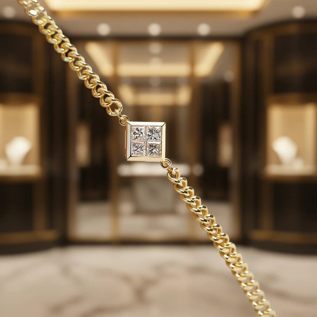 XL1386 Diamond Bracelet Yellow Gold Princess Cut G Color Unisex Minimalist Everyday Wear