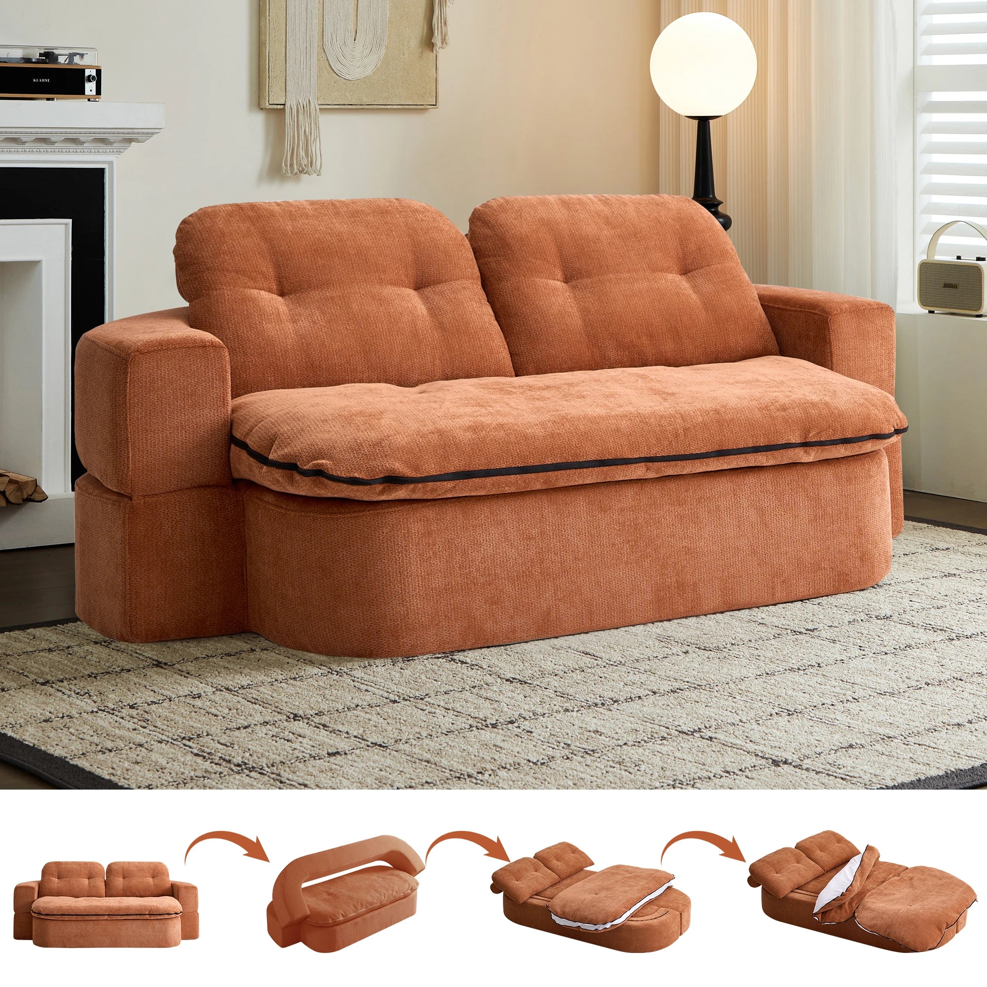 Modern Convertible Floor Sofa Bed 2 Pillows Foam-Filled Cushions No Assembly Required-Living Room/Playroom Use