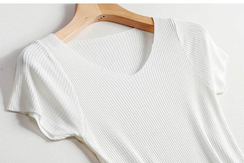 Pullover knitted Short Sleeve knitted Sweater Women Spring Summer Slim Basic Solid Casual Base Female knitting shirts 2024 Korea