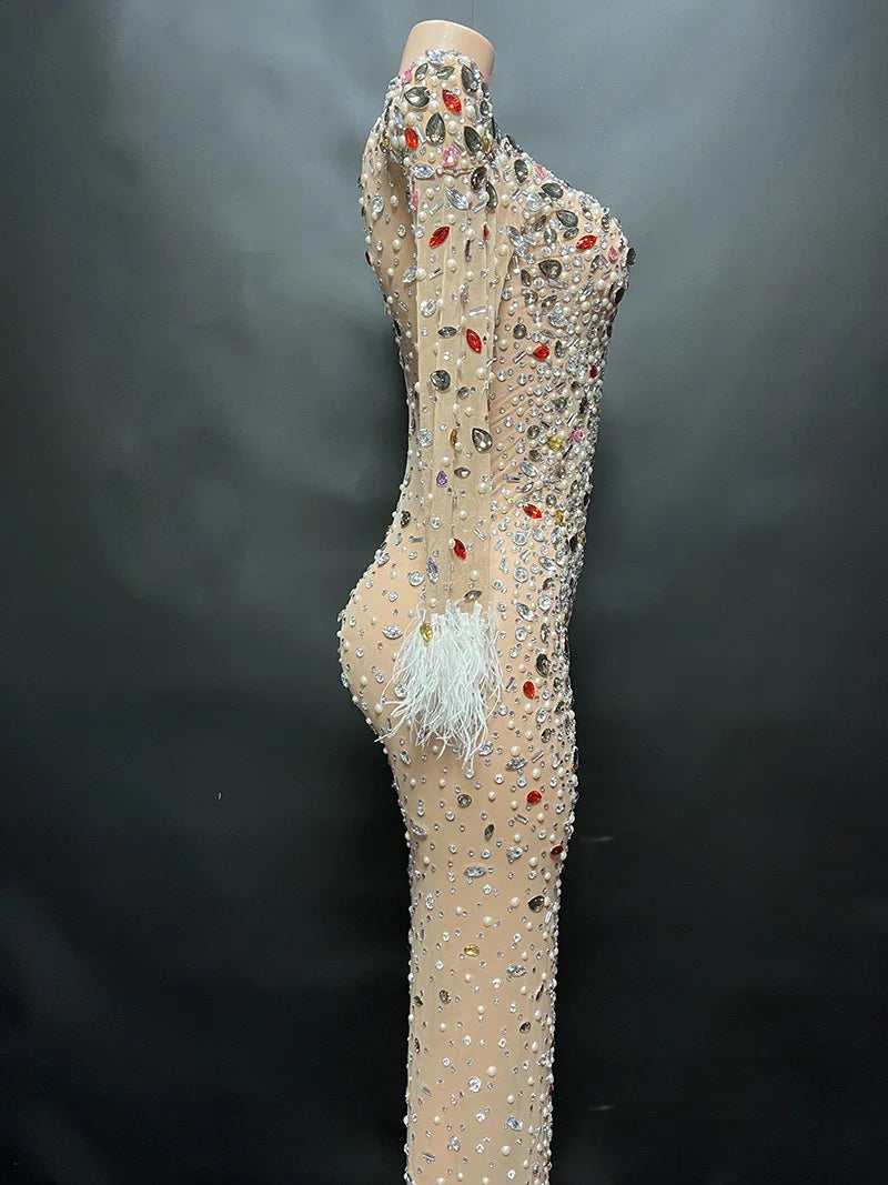 2024 Dropshipping Crystal Pearl Beading Feathers Women Gowns Evening Dresses High End Dress