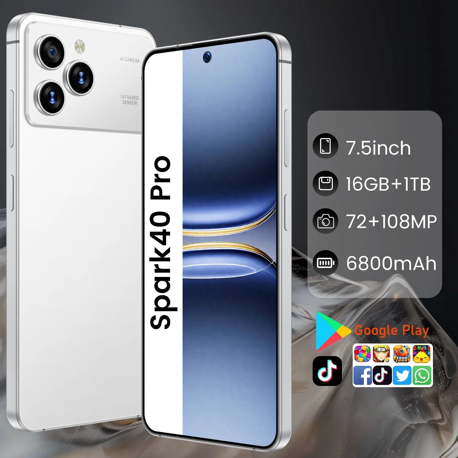 Economical Spark40 Pro Smartphone-7.3" HD Display 108MP Camera Dual SIM 4G LTE Android 14 16GB/1TB Waterproof Spanish Support