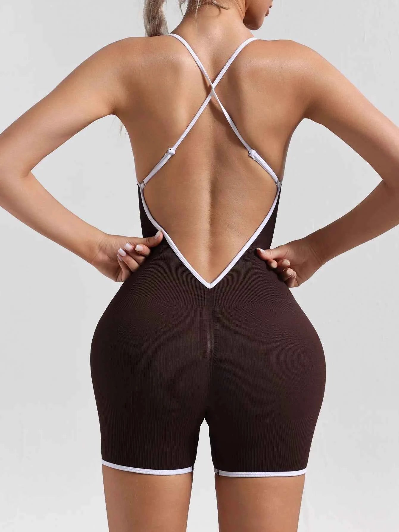 Women Seamless Quick-Drying Cross-Back Design Jumpsuit  Contrasting Color Straps One-Piece Shorts