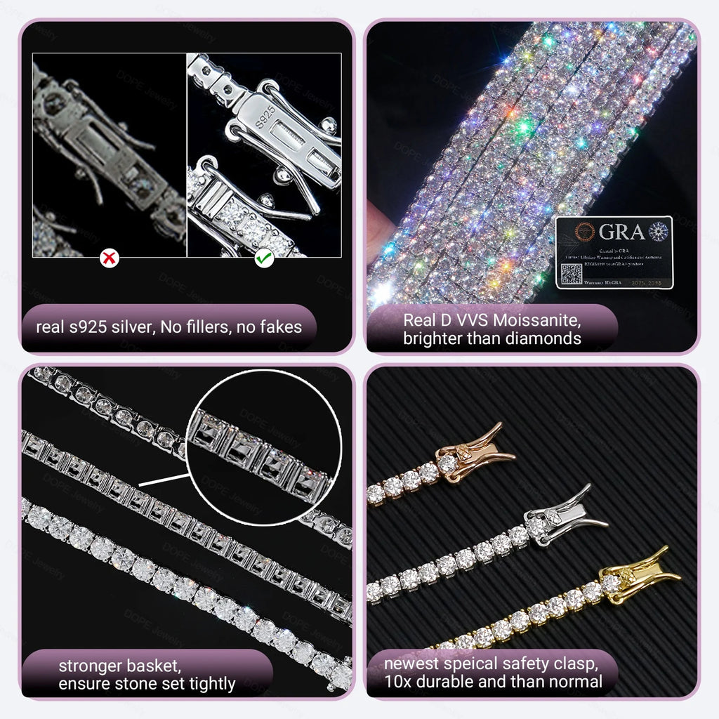 Free Shipping 3mm 4mm Moissanite Tennis Chain Necklace 925 Silver Jewelry Bling VVS Moissanite Chain