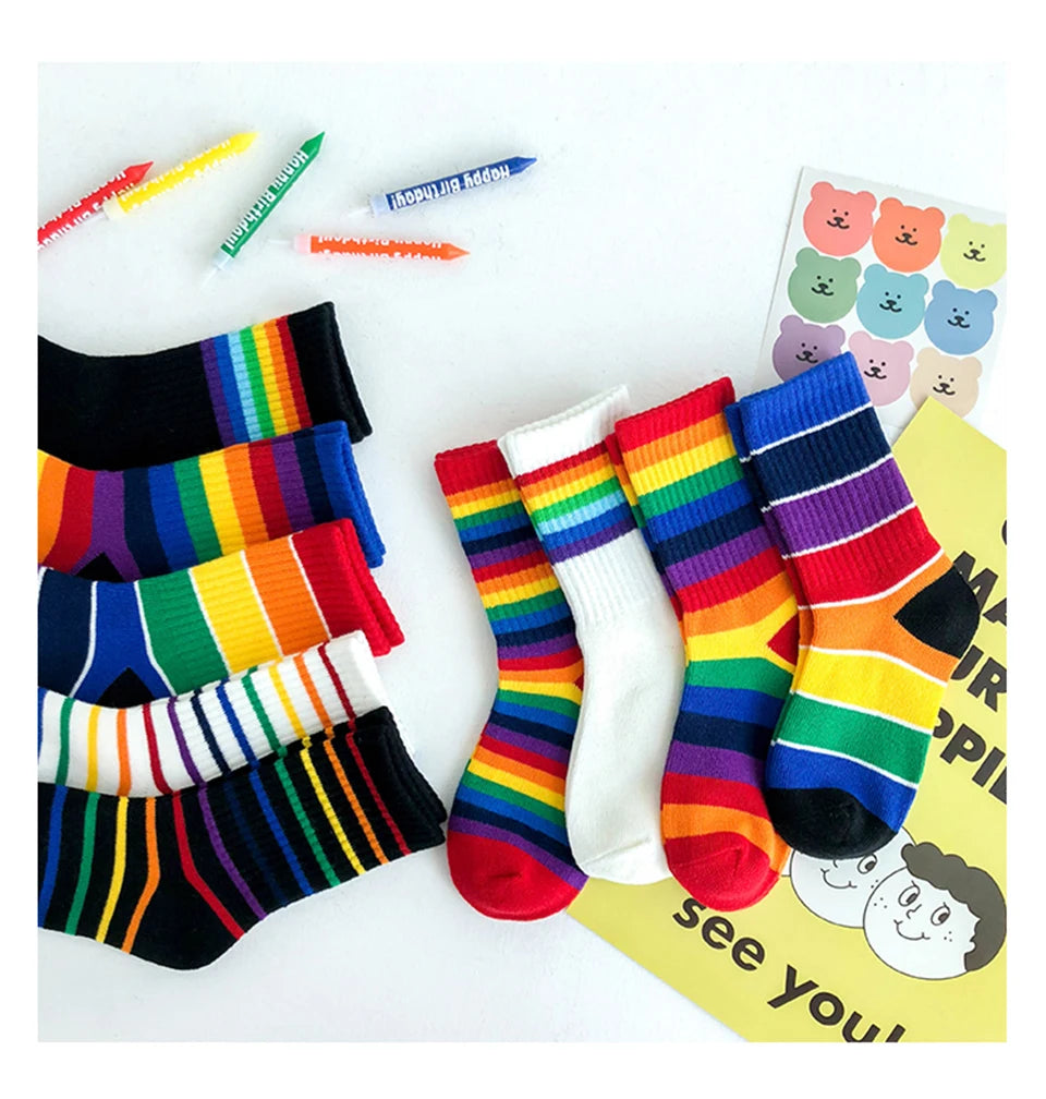 Kids Knee High Rainbow Socks Spring Summer Toddler Child Girls Boys Cotton White School Socks Stripe Long Sock Baby Accessories