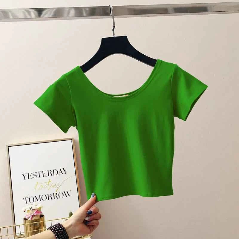 11 Colors Solid Crop Top Women T-shirt Cropped Slim High Waist Short Sleeve Basic Summer Clothes Tops Woman Clothing Tee Tshirt