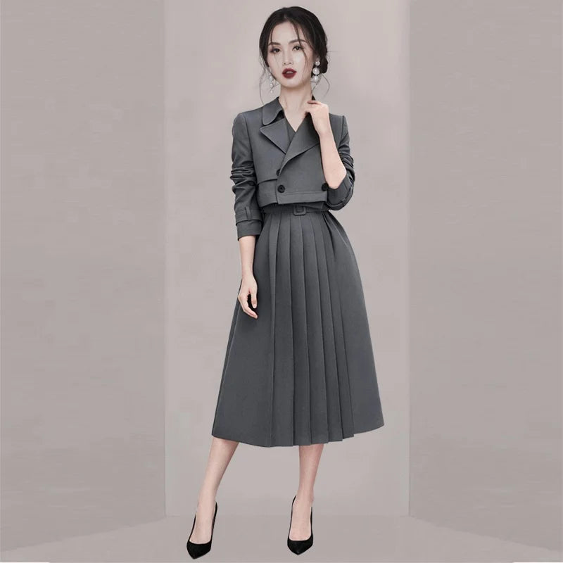 Fashion Women Wear 2 Piece Set Office Ladies Pleated Skirt Long Sleeve Blazer Dress