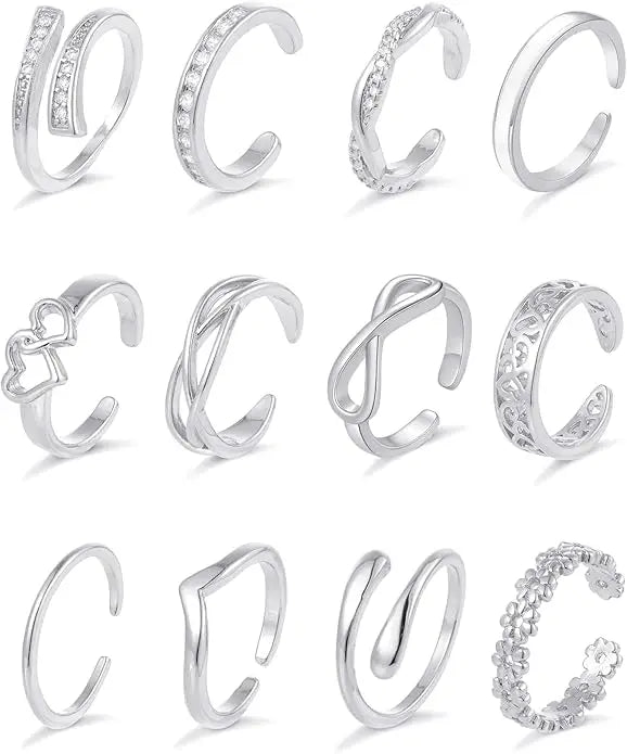 12Pcs Toe Rings Minimalist Thin Wire Cubic Zirconia Summer Beach Toe Rings Open Adjustable Foot Jewelry for Women Silver Tone