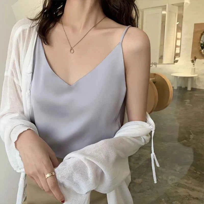 Casual V-Neck Sexy Solid Satin Woman Camis Tank Tops Chiffon Sleeveless Camisole Top Halter Camis Tops