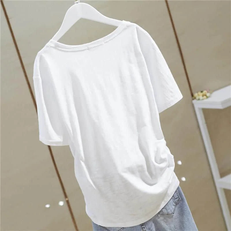 T Shirt Women 2026 New V-neck Loose Top Slub Cotton Letters Wild Short-sleeved Bottoming Shirts Female T Shirt Ins Tide Sexy Top