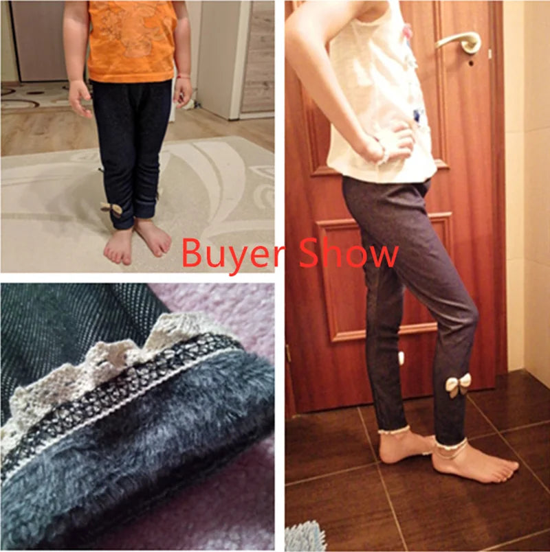 New Autumn Winter Girls Jean Pants Warm Children Leggings Thicken Velvet Bowknot Kids Trousers Baby Girl Pants Icing Leggings