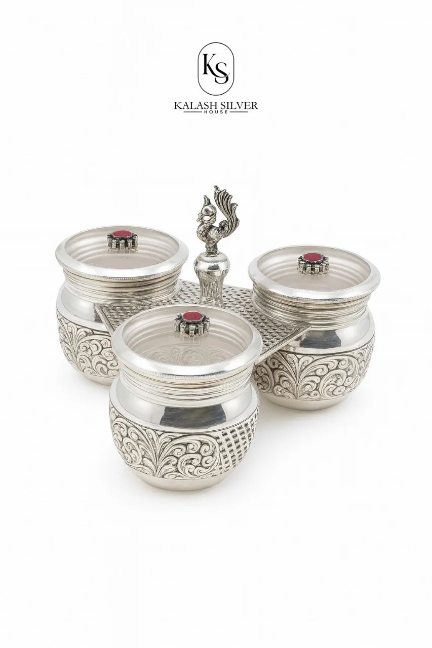 Elegant Silver 3 Bowl Cute Decorative Box Handcrafted Portable 301-400ml Gift for Luxury Home Decor & Spice