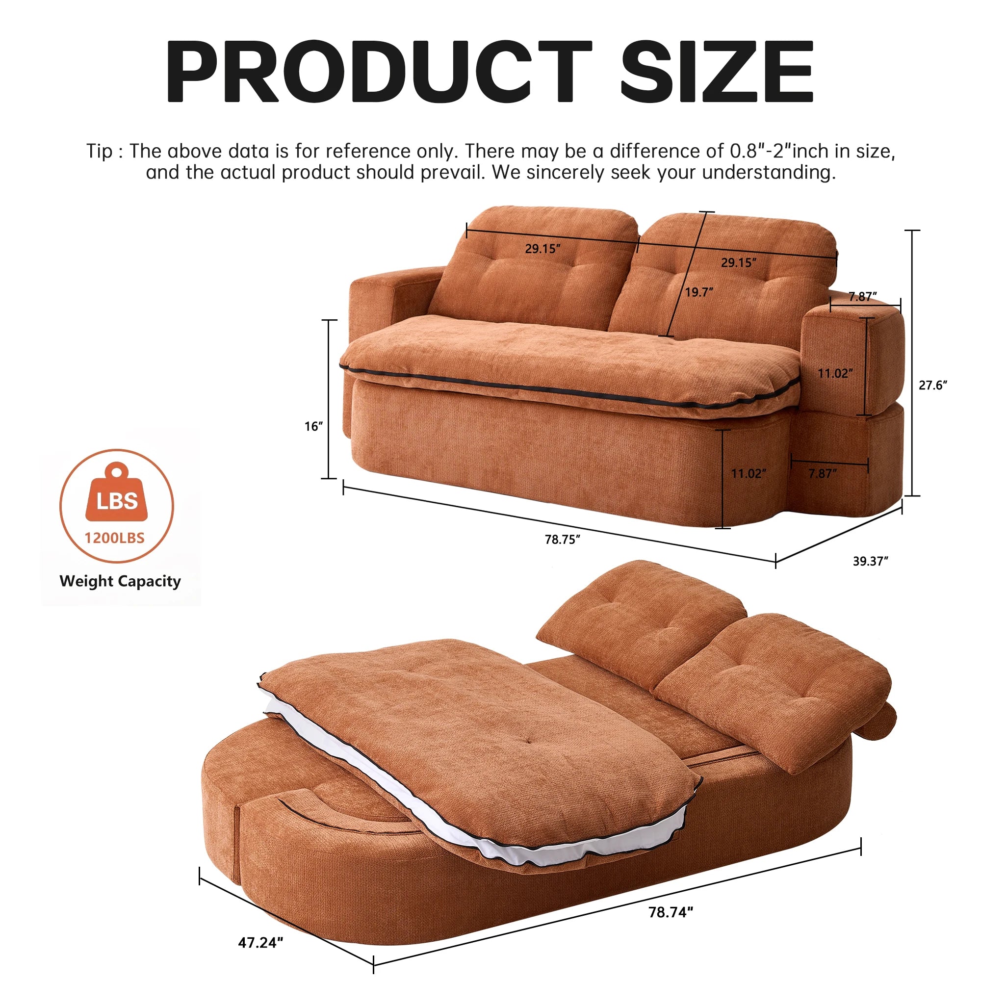 Modern Convertible Floor Sofa Bed 2 Pillows Foam-Filled Cushions No Assembly Required-Living Room/Playroom Use