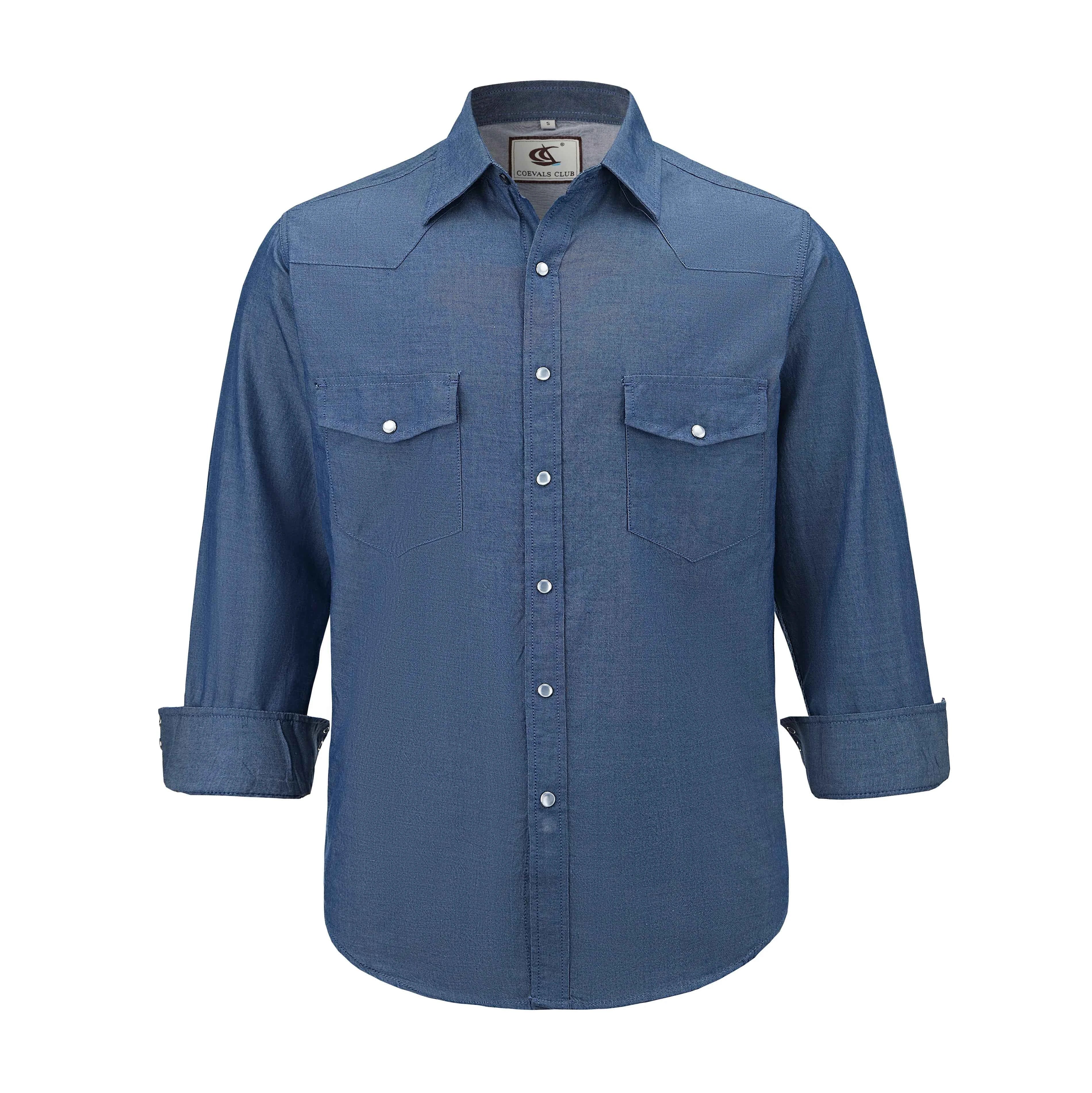 Mens Denim Western Cowboy Causal Pearl Snap Button up Long Sleeve Regular Fit Shirts