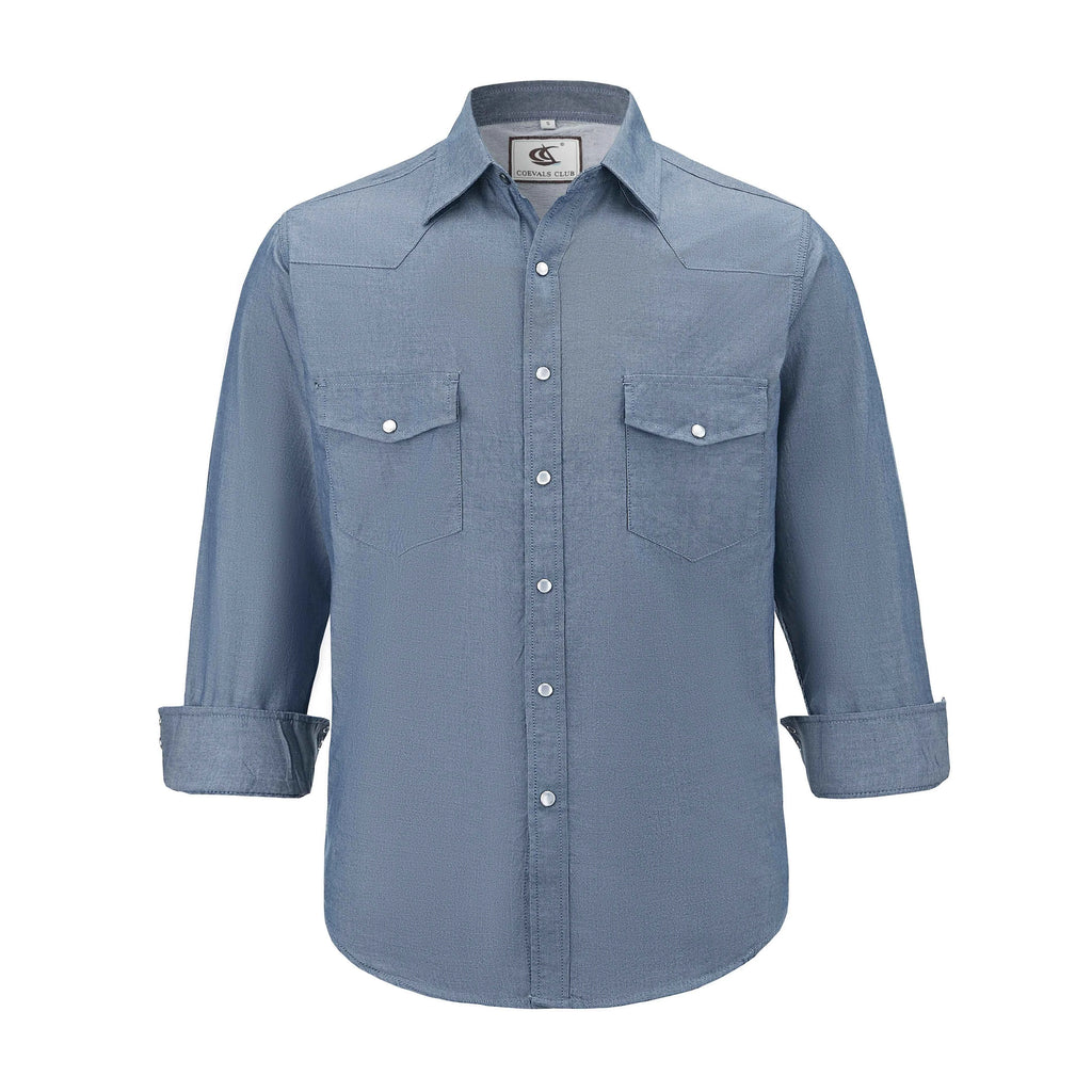 Mens Denim Western Cowboy Causal Pearl Snap Button up Long Sleeve Regular Fit Shirts