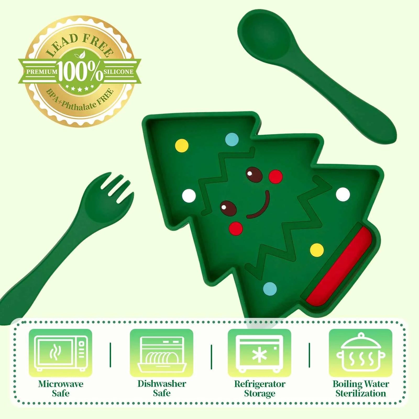 Cartoon Baby Bowl Tableware Set Silicone Straw Children's Dishes Kids Dinner Feeding Plate Christmas Tree Food Plate Spoon Fork