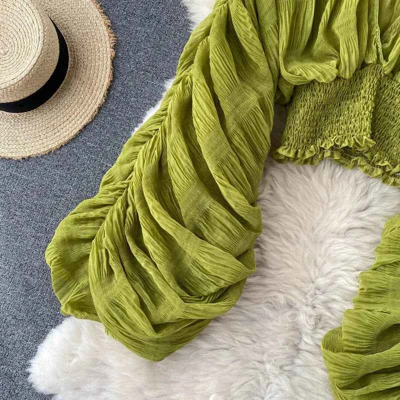 Summer Sexy Draped Chiffon Blouse For Women Elegant V-Neck Puff Long Sleeve Short Tops Female Slim Party Shirts 2022 New Fashion