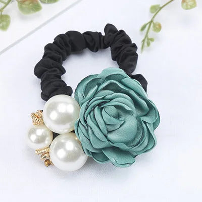 Fashion Women Rose Elastic Scrunchies Hair Bands Big Flower Rhinestones Pearls Flower Hair Rope Rubber Ponytail Hair Accessories