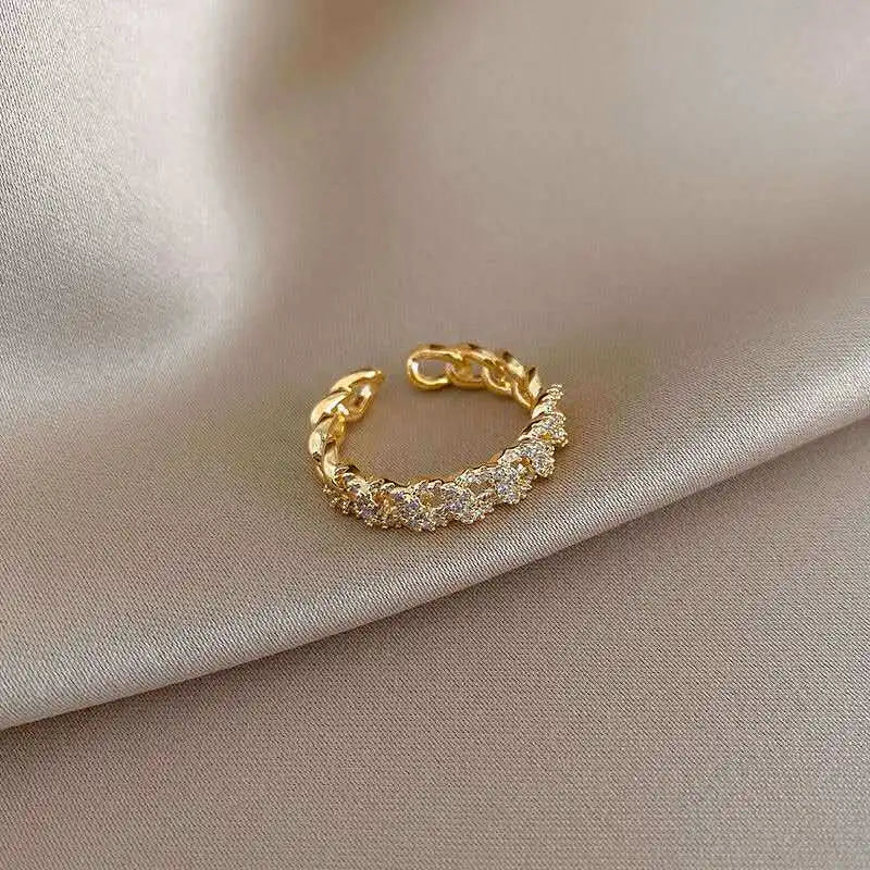 Simple Real 18K Gold Plated CZ Curb Chain Open Ring Adjustable Micro Cubic Zirconia Chain Link Ring