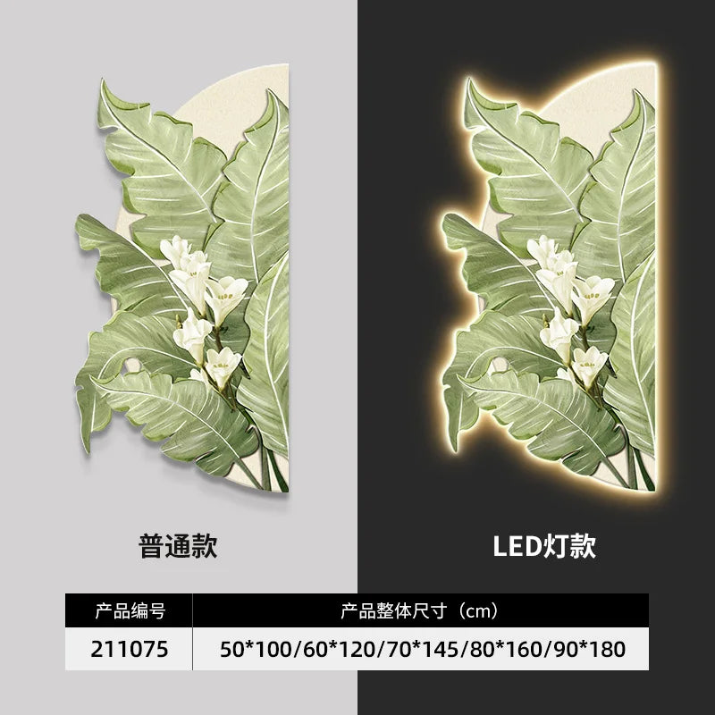 100*50CM Simplicity Flower Leaves Crystal Porcelain Modern Glass Wall Painting with Led  for Home Decor Living Room