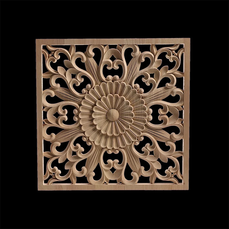 Decorative Wood Appliques Unique Exquisite Natural Floral Wooden Carved Onlay Decal Figurines Home Furniture Door Decor Square