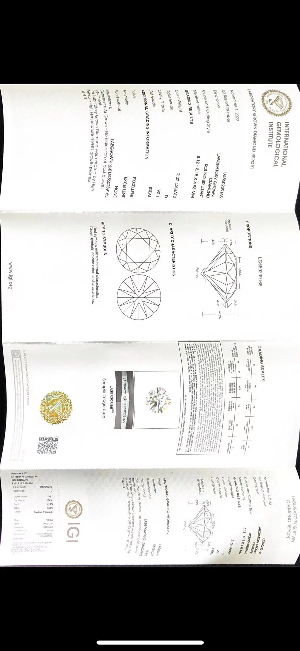 Wuzhou Gems IGI Certificate Lab Grown White D VS1 2CT 8MM Round Brilliant EX Cut HPHT Diamonds for Sale