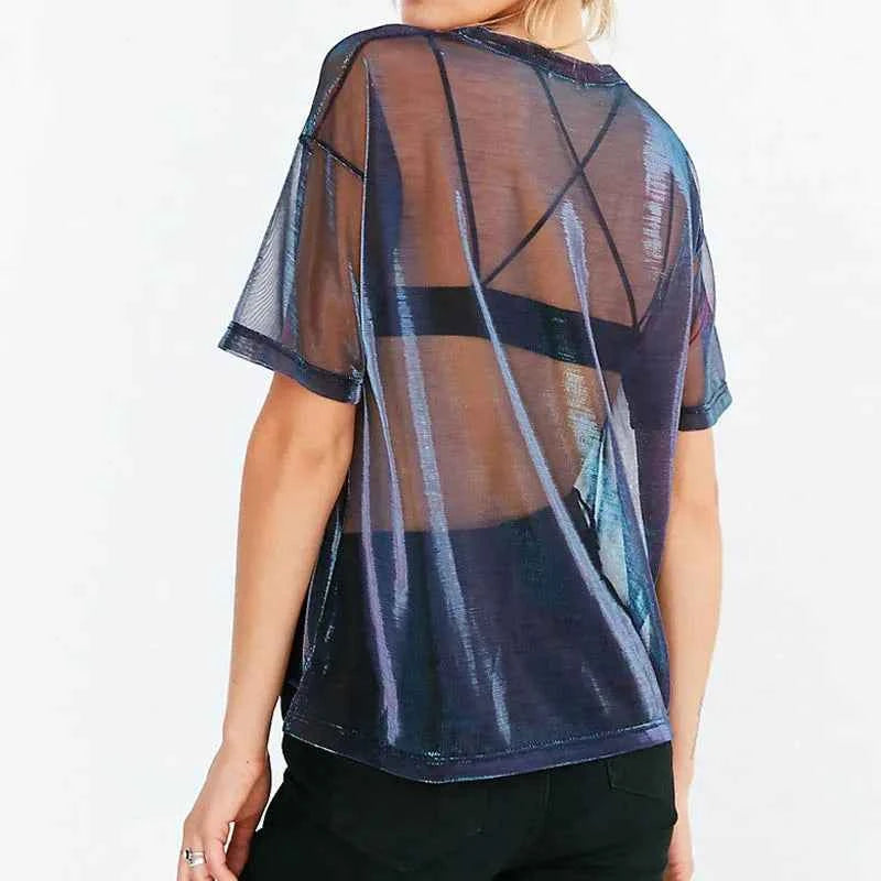 Summer Sexy Mesh Tee See-Through Women T-shirts Short Sleeve Perspective Shine Casual Women Tops Lady Vintage Blusa