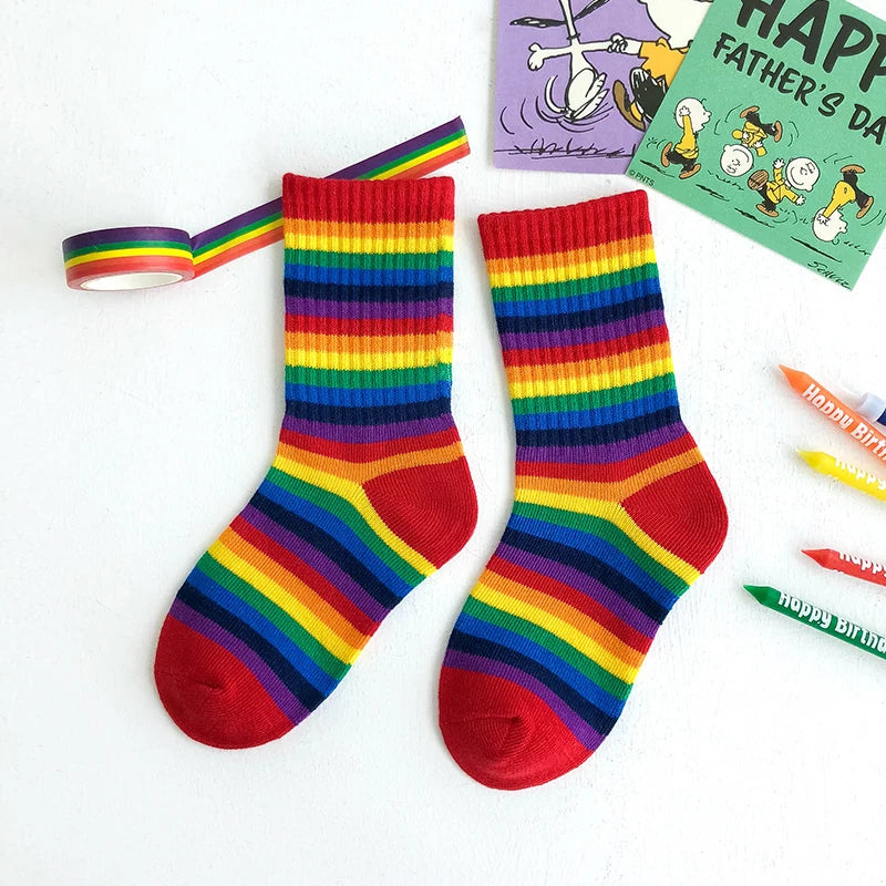 Kids Knee High Rainbow Socks Spring Summer Toddler Child Girls Boys Cotton White School Socks Stripe Long Sock Baby Accessories