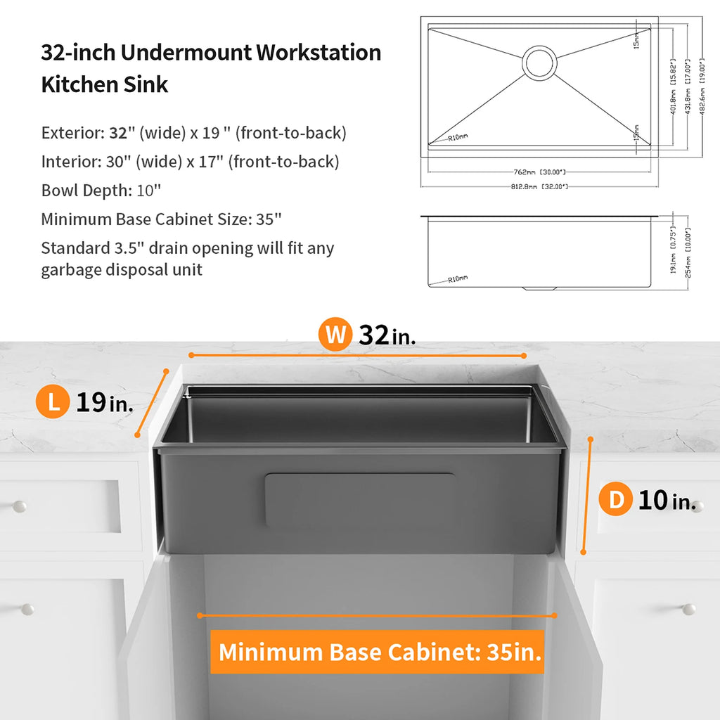 USA Free Shipping 32 Inch Workstation Gunmetal Black Stainless Steel Undermount Kitchen Sink Single Bowl
