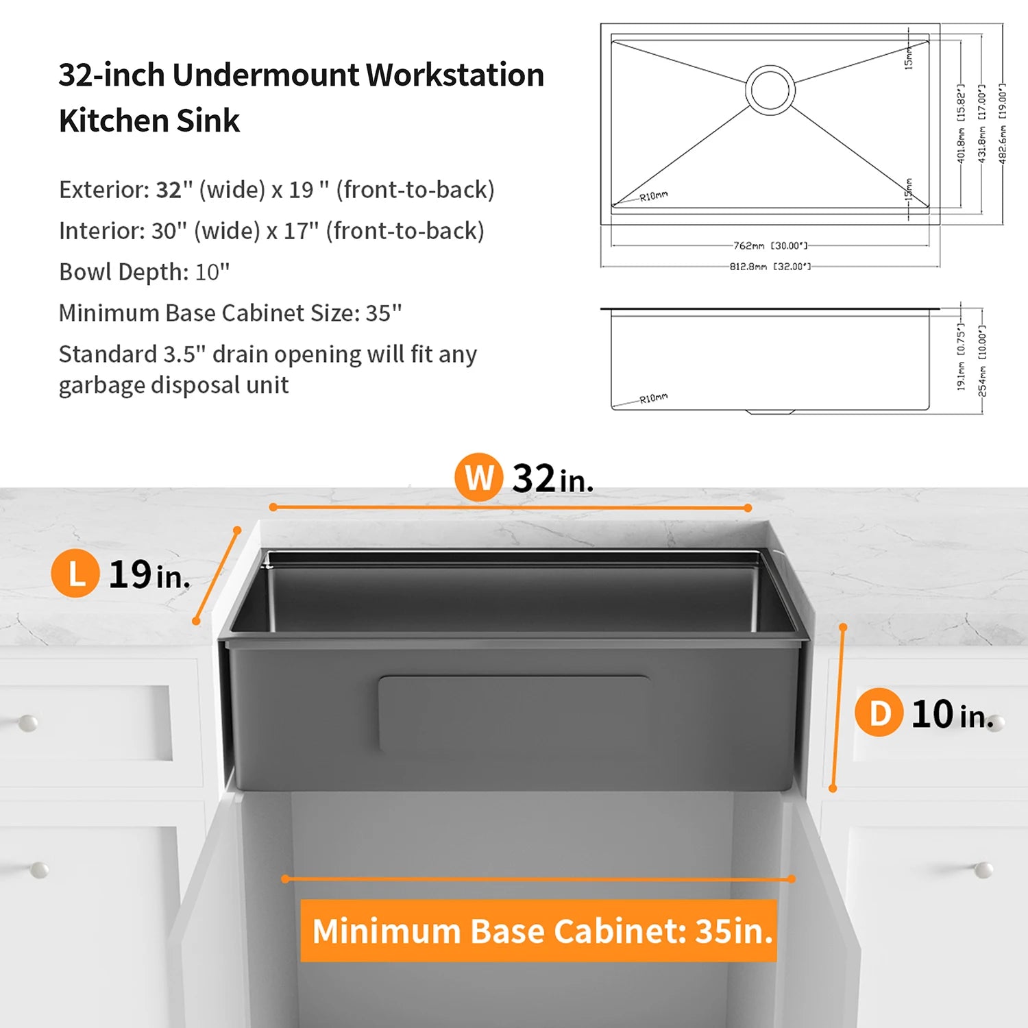 USA Free Shipping 32 Inch Workstation Gunmetal Black Stainless Steel Undermount Kitchen Sink Single Bowl