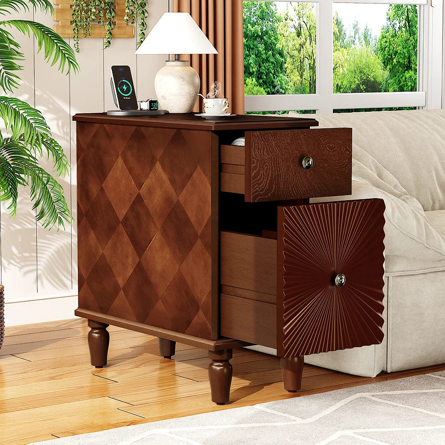 Modern Design Bedroom Furniture Sets Bedside Table Plywood Frame Solid Wood Veneer with 2 Drawers Nightstands