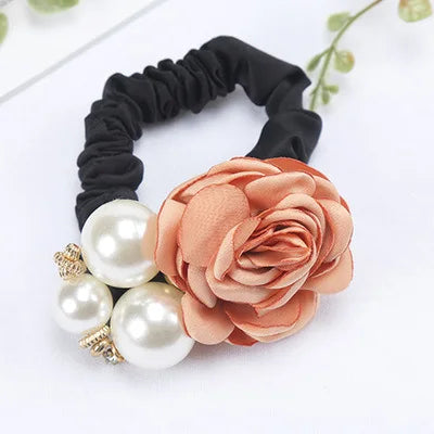 Fashion Women Rose Elastic Scrunchies Hair Bands Big Flower Rhinestones Pearls Flower Hair Rope Rubber Ponytail Hair Accessories