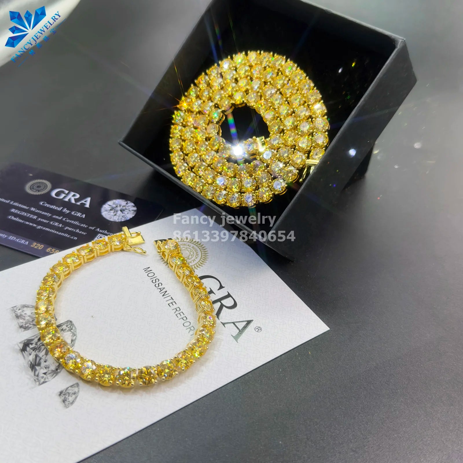 Hip Hop Jewelry Sterling Silver 14K Yellow Gold GRA 3mm 4mm VVS Diamond Chain Yellow Moissanite Tennis Chain