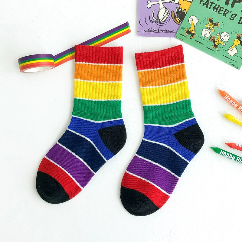 Kids Knee High Rainbow Socks Spring Summer Toddler Child Girls Boys Cotton White School Socks Stripe Long Sock Baby Accessories