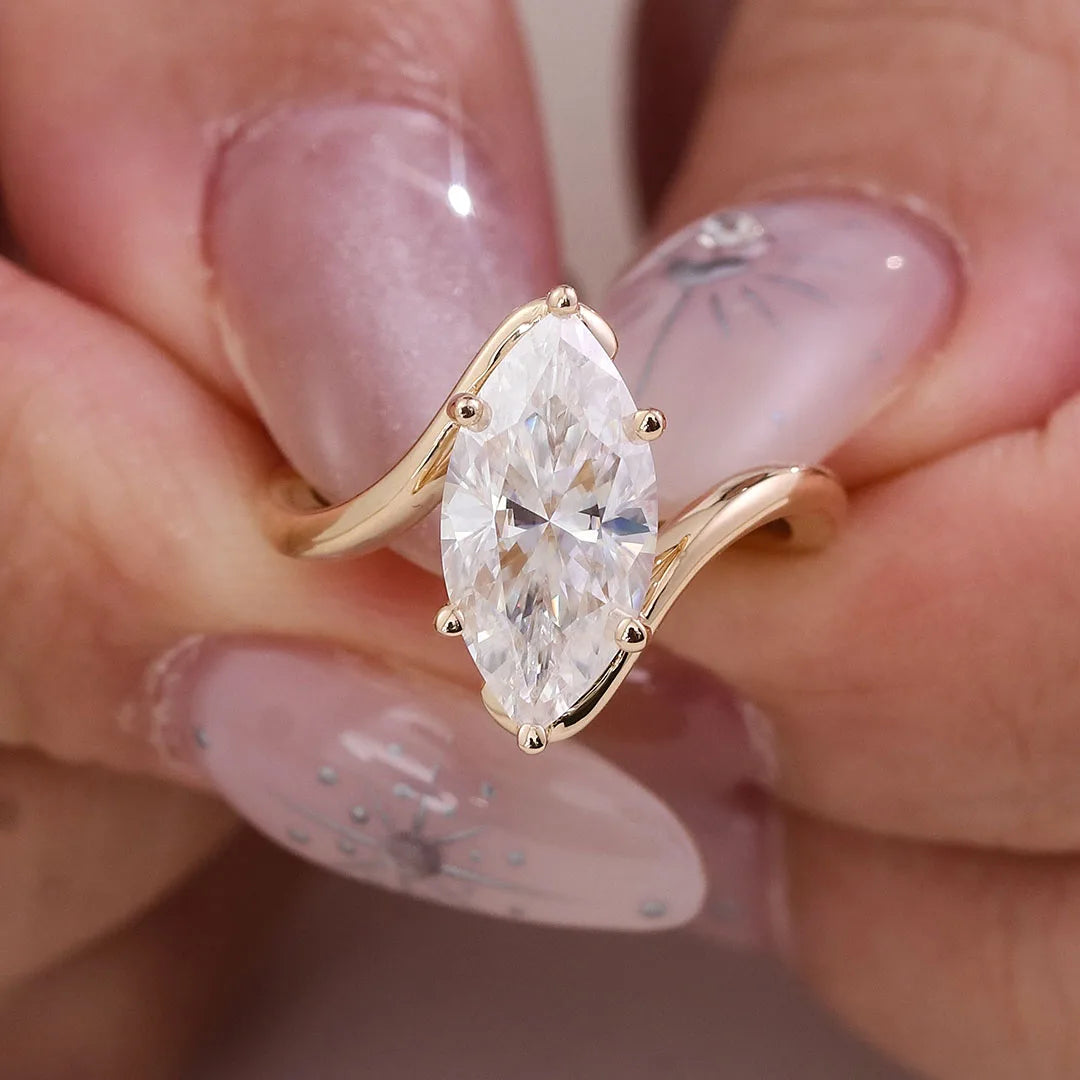3 Carat Marquise Moissanite Diamond Engagement Ring 10k Yellow Gold Twisted Band Couture Women's Fine Jewelry Ring