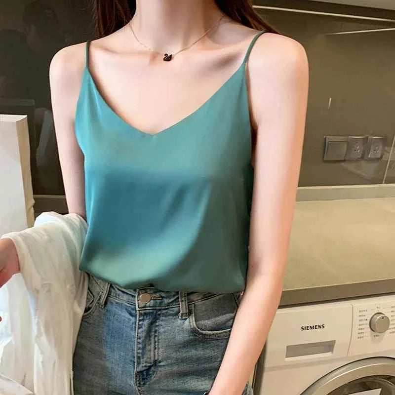 Casual V-Neck Sexy Solid Satin Woman Camis Tank Tops Chiffon Sleeveless Camisole Top Halter Camis Tops
