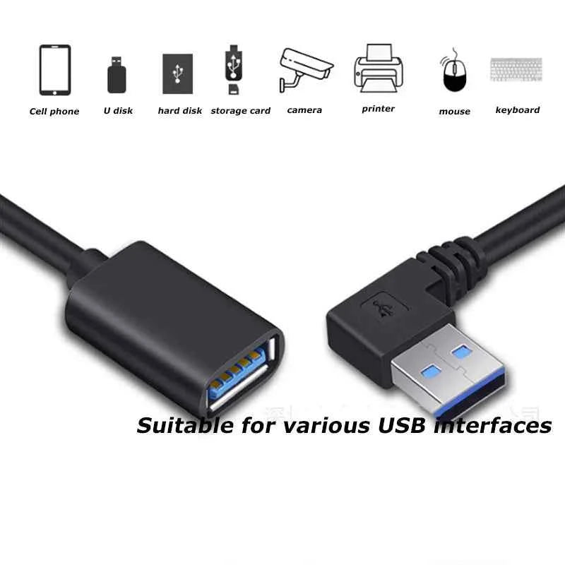 0.3M 90 Degree USB 3.0/2.0  Male to Female Adapter Cable Angle Extension Extender 5Gbps Fast Transmission Left/Right/Up/Down