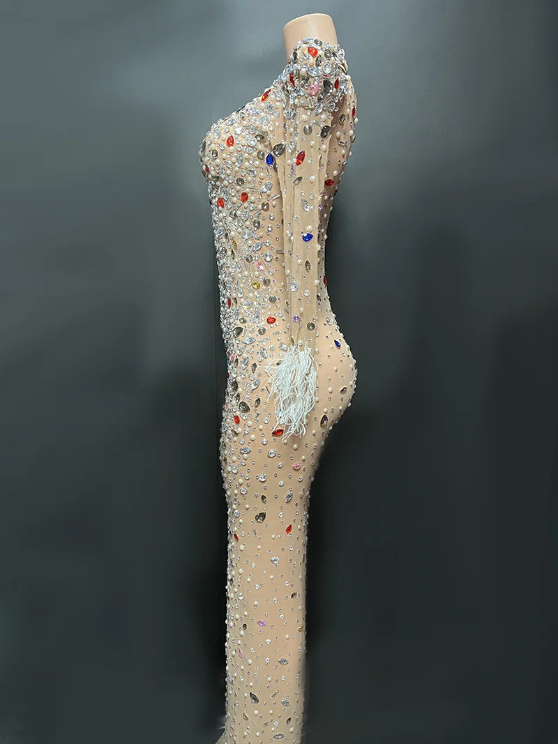 2024 Dropshipping Crystal Pearl Beading Feathers Women Gowns Evening Dresses High End Dress