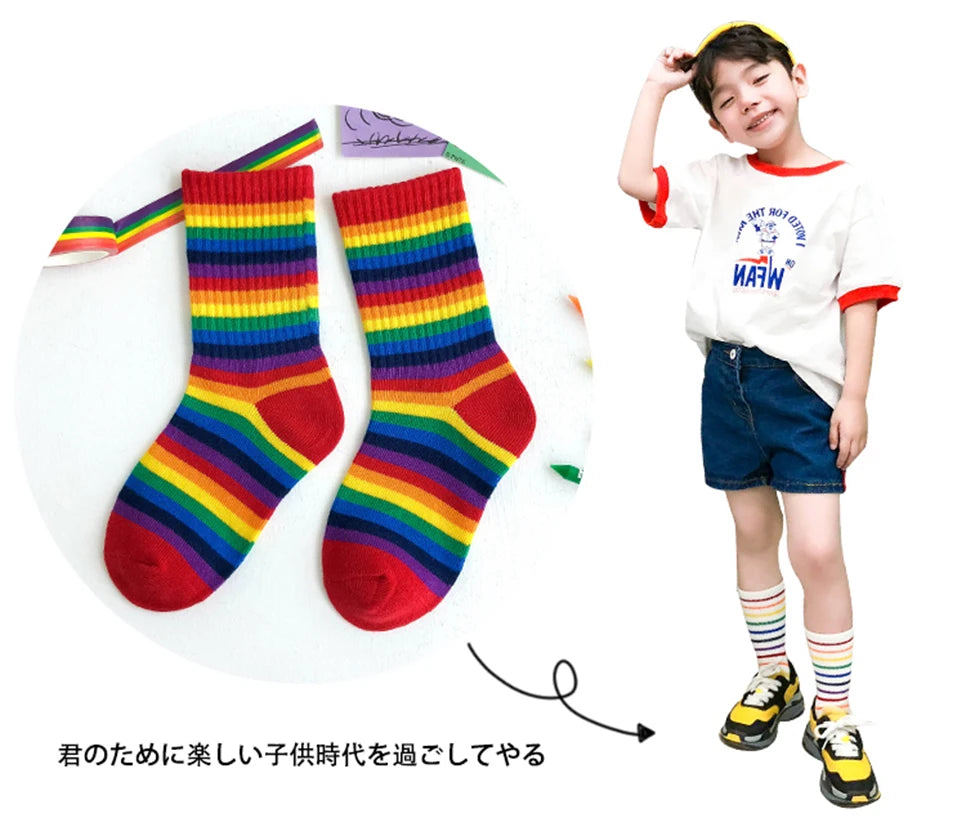 Kids Knee High Rainbow Socks Spring Summer Toddler Child Girls Boys Cotton White School Socks Stripe Long Sock Baby Accessories